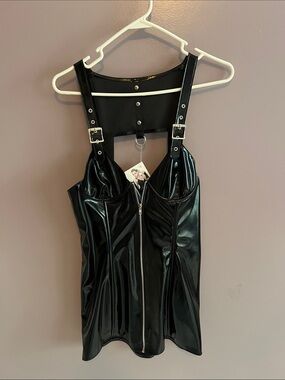 Elegant Moments Black Patent Mini Dress with Buckle Straps